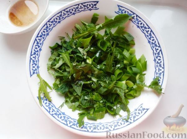 Зеленый салат с листьями одуванчика и крапивы